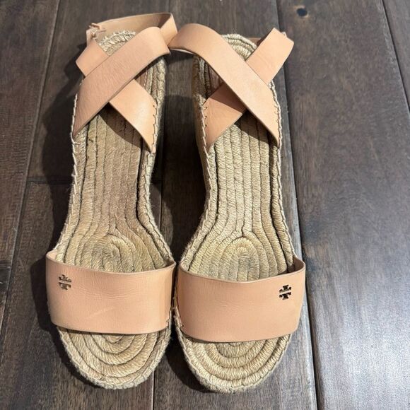 Tory Burch Tan Leather Espadrille Wedge Ankle Strap Sandals 10M